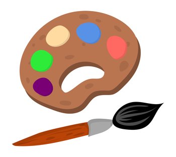 Paint brush with palette. Cartoon art tools icon isolated on white background. Paint brush with palette. Cartoon art tools icon