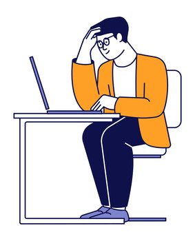 Man thinking. Guy working on laptop. Side view. Vector illustration. Man thinking. Guy working on laptop. Side view