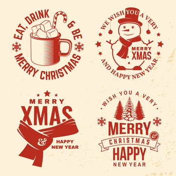 Set of Merry Christmas and Happy New Year stamp, sticker with silhouette of snowman, winter scarf, forest landscape, mug of hot chocolate. Vector. Vintage design for xmas, new year emblem. Set of Merry Christmas and Happy New Year stamp, sticker with silhouette of snowman, winter scarf, forest landscape, mug of hot chocolate. Vector. Vintage design for xmas, new year emblem.