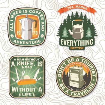 Set of travel inspirational quotes. Vector Concept for shirt or logo, print, stamp, tee. Design with retro camping tea kettle, pocket knife, geyser coffee maker and backpack silhouette Camping quote. Set of travel inspirational quotes. Vector Concept for shirt or logo, print, stamp or tee. Design with retro camping tea kettle, pocket knife, geyser coffee maker and backpack silhouette Camping quote