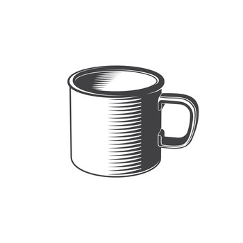 Vintage black metal mug on white background. Vector illustration. Equipment for camping, climbing, hiking, traveling. Retro camping cup isolated on the white. Vintage black metal mug on white background. Vector illustration. Equipment for camping, climbing, hiking, traveling. Retro camping cup isolated on the white.