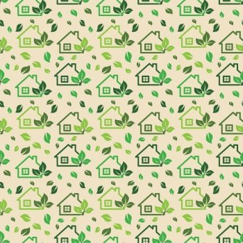 Green eco background made of small ecology green houses and trees - vector seamless pattern.