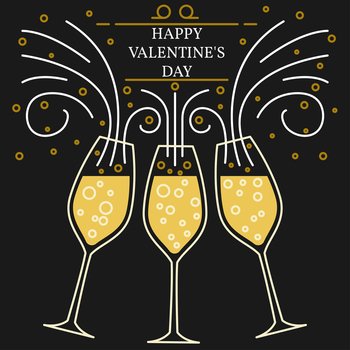 Happy valentine’s day greeting card. EPS10 vector. Champagne glasses thin line.