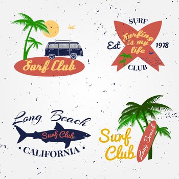 Set of Surf club concept Vector Summer surfing retro badge. Surfer club emblem , rv outdoors banner, vintage background. Boards, retro car, palms and shark. Surf icon design. 