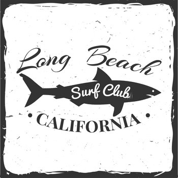 Surf club retro badge with shark. Surfing concept for shirt or logo, print, stamp. Vector illustration.. Surf club concept.
