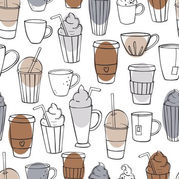Coffee shop drinks. Coffee, cocktails and tea on white background. Vector  seamless pattern. . Coffee shop drinks. Vector   pattern. 