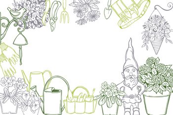 Hand drawn garden flowers and gnomes . Vector background. Sketch  illustration.. Garden flowers and gnomes . Vector background. 