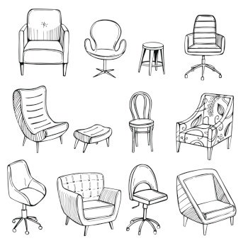 Hand drawn office chairs and armchairs. Vector sketch illustration.. Office chairs and armchairs. Vector illustration.