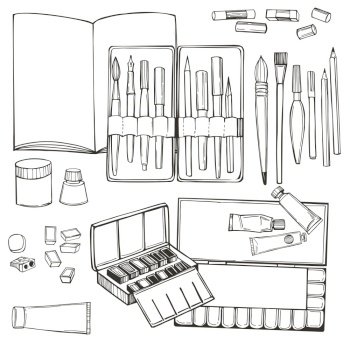 Hand drawn art tools and supplies set. Sketching Kit. Artistic paintbrushes and watercolor  paints. Vector  illustration.. Hand drawn artistic paintbrushes and watercolor  paints. Vector illustration.