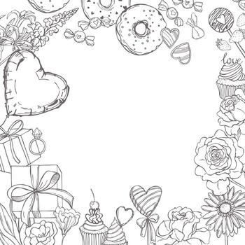 Hand drawn  Valentine’s Day set. Vector  background with flowers and sweets. Sketch  illustration..  Vector  background with flowers and sweets. 