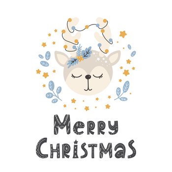 Cute animal deer in scandinavian style with lettering - merry christmas. Vector hand-drawn colored children’s simple. Cartoon animal.. Cute animal deer in scandinavian style with lettering - merry christmas. Cartoon animal.