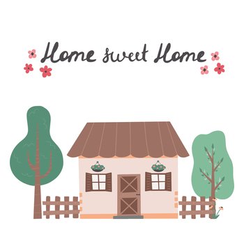 Sweet home lettering with cute house Hand drawn trendy vector illustration with colored houses. Cozy country house. Flat design. Scandinavian style buildings.. Sweet home lettering with cute house Hand drawn trendy vector illustration with colored houses.