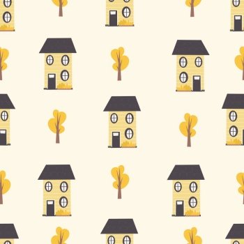 Childish seamless pattern with houses, trees.Creative childish texture for fabric, wrapping, textile, wallpaper, apparel. Vector illustration. Childish seamless pattern with houses, trees.Creative childish texture for fabric, wrapping, textile, wallpaper, apparel.