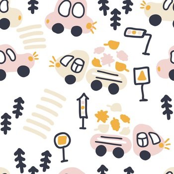 Pastel colored seamless pattern of cars and trucks carrying leaves. Perfect for T-shirt, textile and prints. Hand drawn vector illustration for decor and design.