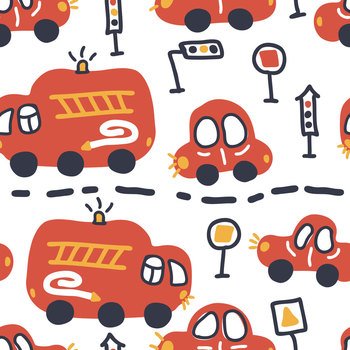 Free hand drawing vector seamless pattern of traffic cars and fire trucks. Perfect for scrapbooking, poster, textile and prints. Hand drawn illustration for decor and design.