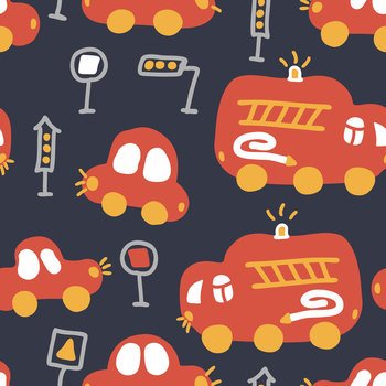 Night vector seamless pattern of traffic cars and fire trucks. Perfect for scrapbooking, poster, textile and prints. Hand drawn illustration for decor and design.