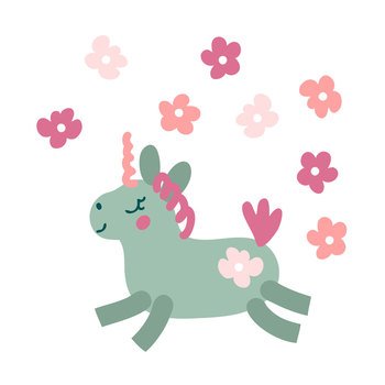 Hand drawn vector illustration pretty unicorn and flowers. Cartoon style. Design for T-shirt, poster and print.