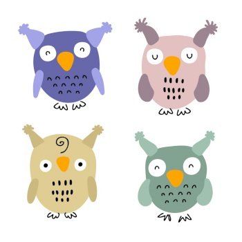 Hand drawn wise owls vector collection. Design for T-shirt, stickers and print. All elements are isolated.