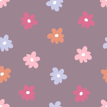 Summer simple seamless pattern with multicolour flowers. Groovy hippie aesthetic print for fabric, paper, T-shirt. Doodle vector illustration for decor and design.