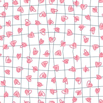 Trippy grid seamless pattern with simple hearts and spots. Checkered background with distorted squares. Funky doodle vector illustration for decor and design.