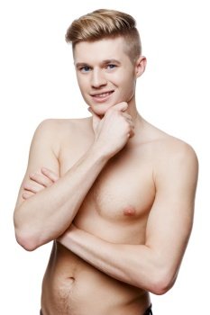 Young shirtless caucasian man isolated on white background. Young shirtless man isolated on white