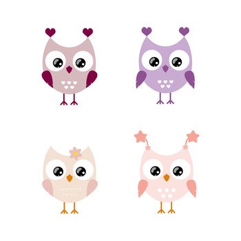 Clipart owl girl isolated on a white background. Vector flat cartoon illustration for a child. Background for textiles, books, postcards, holiday decor, invitations. The attributes of the birthday