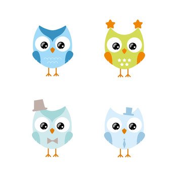 A set of cute owls for children. Children’s illustration of an owl for a boy on a white isolated background. Vector flat illustrations. Logo design, textiles, postcards, clothing, packaging paper.