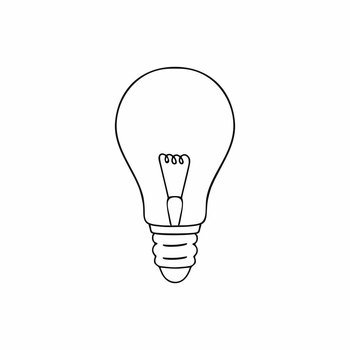 Incandescent lamp drawn with a black contour line in the style of a hand drawing. Vector Doodle illustration on the theme of electricity.
