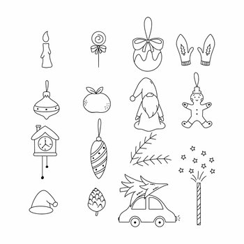 Set items New Year. Doodle style illustration. Christmas ball, gingerbread man and gnome.