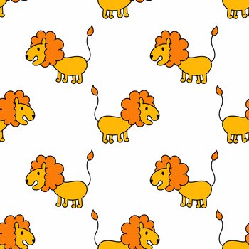 Seamless cute lion pattern. African animal. Vector doodle illustration. Background for sewing children clothes and printing on fabric. Wallpaper for nursery.