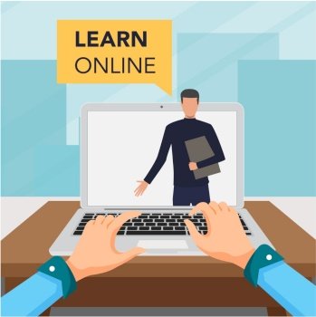 Learning online concept for online school. Vector laptop on blue background. Hands typing. Vector illustration. Learning online concept for online school. Vector laptop on blue background