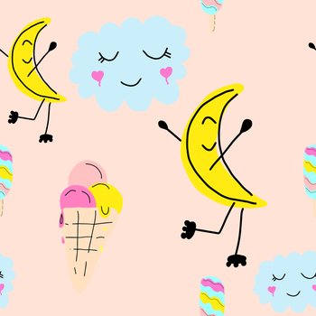Cute summer pattern. Seamless vector design with smiling moon on roller skates and ice-cream. Pattern for kids.. Cute summer pattern. Seamless vector design with smiling moon on roller skates and ice-cream. Pattern for kids. Hand drawn.