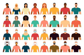 Diverse people in protective face masks during the epidemic. Isolated icon set. Social distance, quarantine concept. Flat design vector illustration.