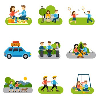 Outing concepts with friends and families outdoors isolated vector illustration. Flat Icon Outing