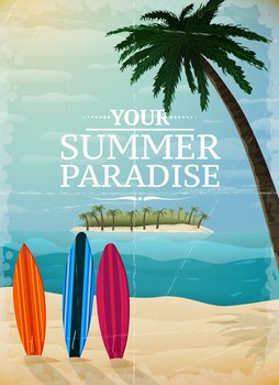 Holiday travel surfing print, tropical paradise island ocean beach vector illustration