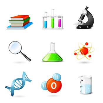 Science realistic  icons set with books beakers microscope magnifier isolated vector illustration