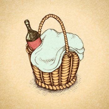 Vintage picnic basket with food and wine vector illustration