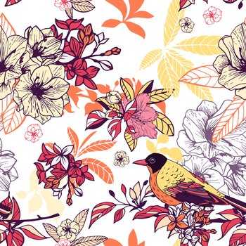 Seamless floral pattern with bird vector illustration