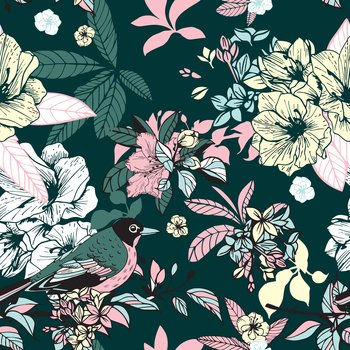 Flowers and birds seamless pattern vector illustration