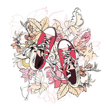 Pink casual canvas skateboard gumshoes with flower background vector illustration