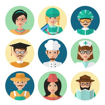 Faces avatar icons profession occupation job set flat isolated vector illustration