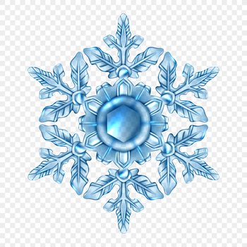 Light blue and realistic snowflake transparent composition in crystal style or glass vector illustration. Realistic Snowflake Transparent Composition