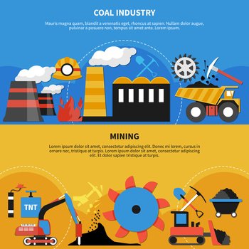Flat design horizontal banners set with mining industry and coal transportation elements isolated vector illustration. Mining Industry Banners