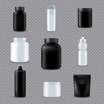 Fitness sport drink supplements nutrition eco bottles  realistic white black set transparent background isolated vector illustration  . Fitness Sport Bottles Realistic Transparent
