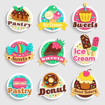 Sweets ice-cream cupcakes donuts confectionery bakery desserts colorful round emblems labels collection grey background isolated vector illustration  . Sweets Desserts Pastry Labels Set