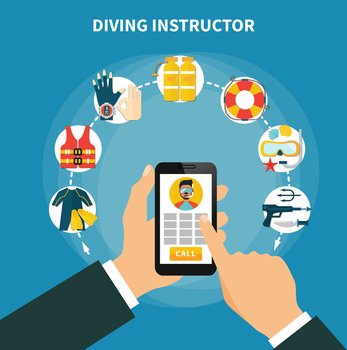 Diving instructor composition with smartphone in male hands, scuba gear and safety equipment, hunting weapon vector illustration . Diving Instructor Composition