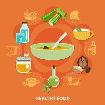 Flat colored healthy eating composition with healthy food headline and ingredients for a recipe vector illustration. Healthy Eating Composition