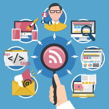 Internet marketing concept on blue background with magnifier in hand, digital advertising, seo, social media vector illustration. Internet Marketing Concept