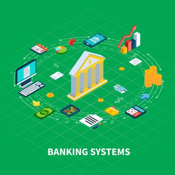 Data isometric round composition of organiser items and money icons with computer electronics and bank facade vector illustration. Banking Industry Round Composition