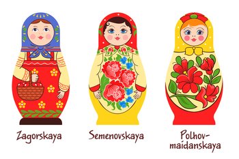 Russian traditional matryoshka set of three isolated images with different stacked dolls with different colouring artworks vector illustration. Russian Matryoshka Styles Collection